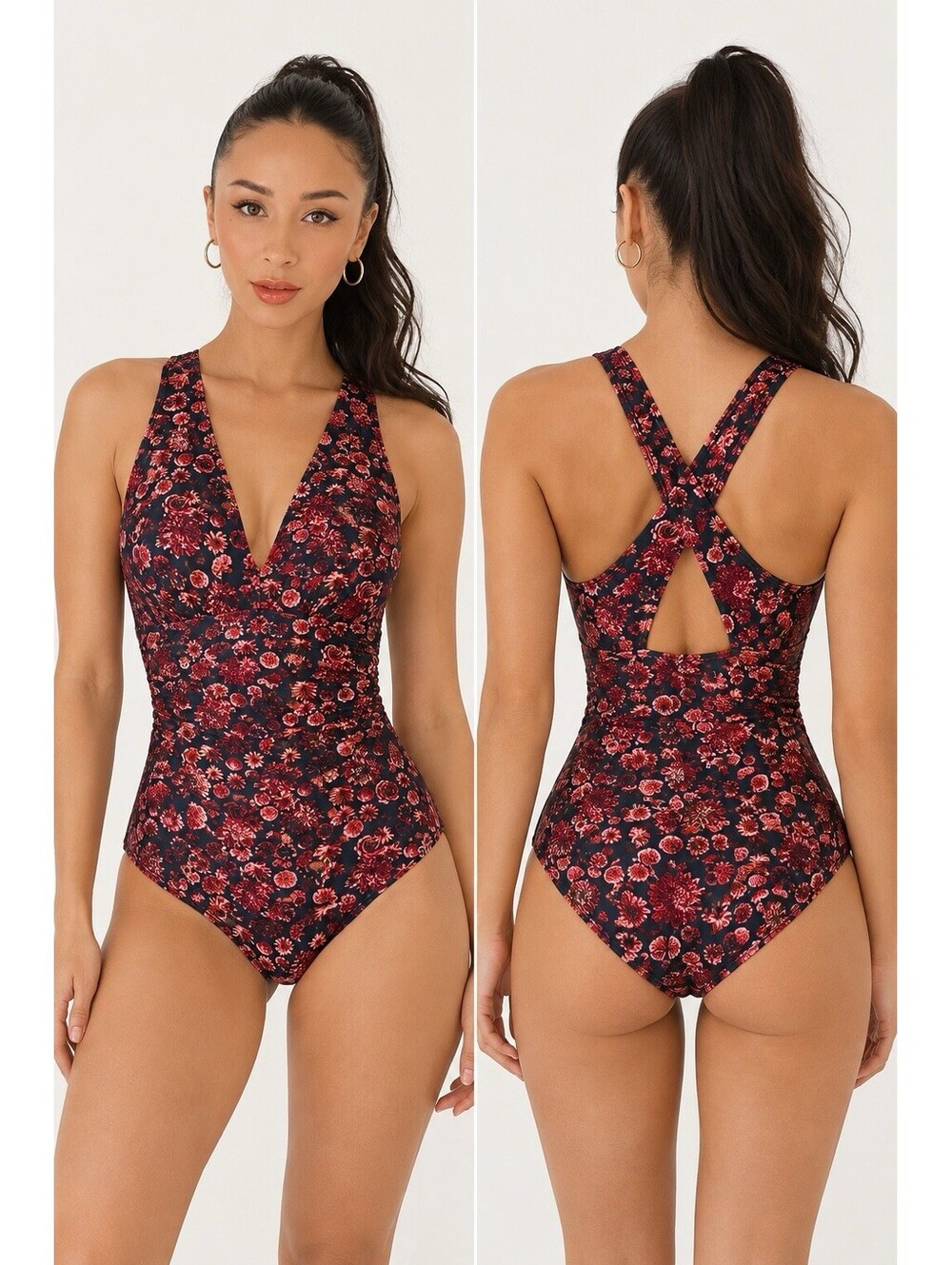 NWOT Albion Fit Floral V-Neck One-Piece Swimsuit Crisscross Womens Size XL Beach